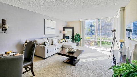 a living room with a couch and a coffee table and a large window